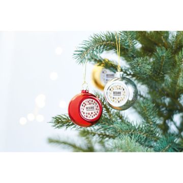 Christmas baubles in shiny PP including plate with logo printed hanging on a christmas tree