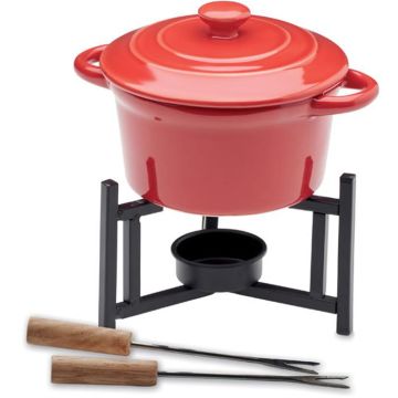 Small ceramic fondue set with lid for two. Including 2 metal forks wit wooden handles. Capacity: 300 ml.